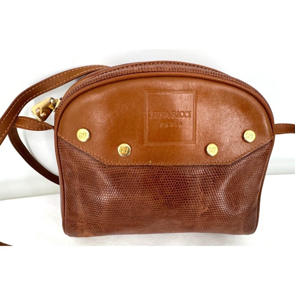 VTG Nina Ricci Paris Cognac Brown Leather Messenger Crossbody Bag Handbag Purse